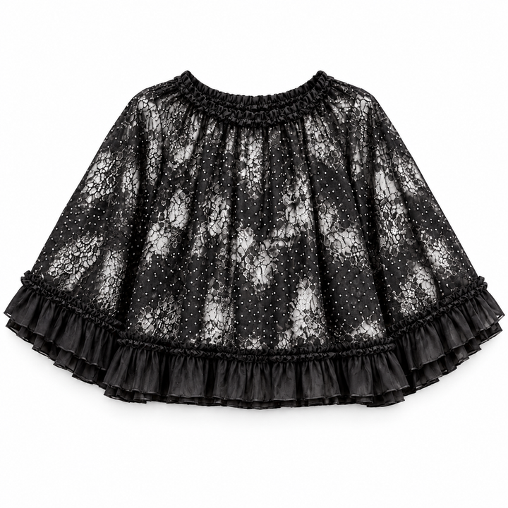 A black lace and mesh mini skirt with a smocked waistband, dotted pattern, and tiered ruffle hem, shown flat on a white background.