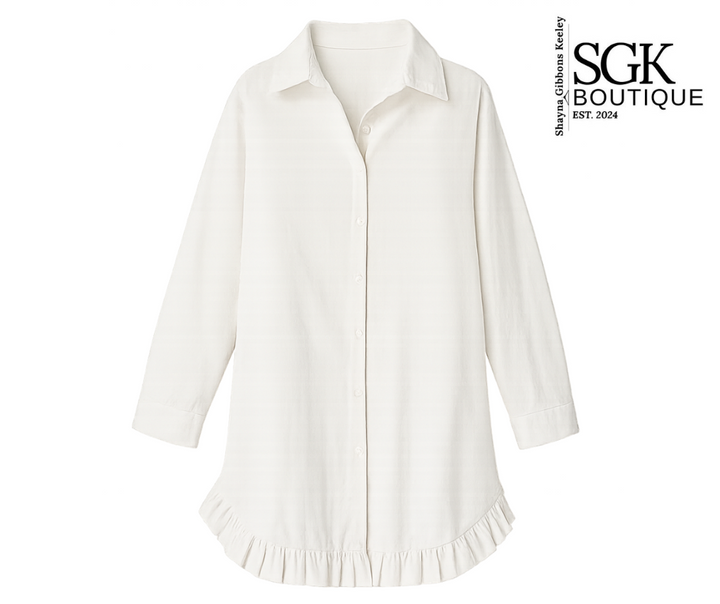 White blouse with ruffled hem on a white background, featuring SGK Boutique branding.