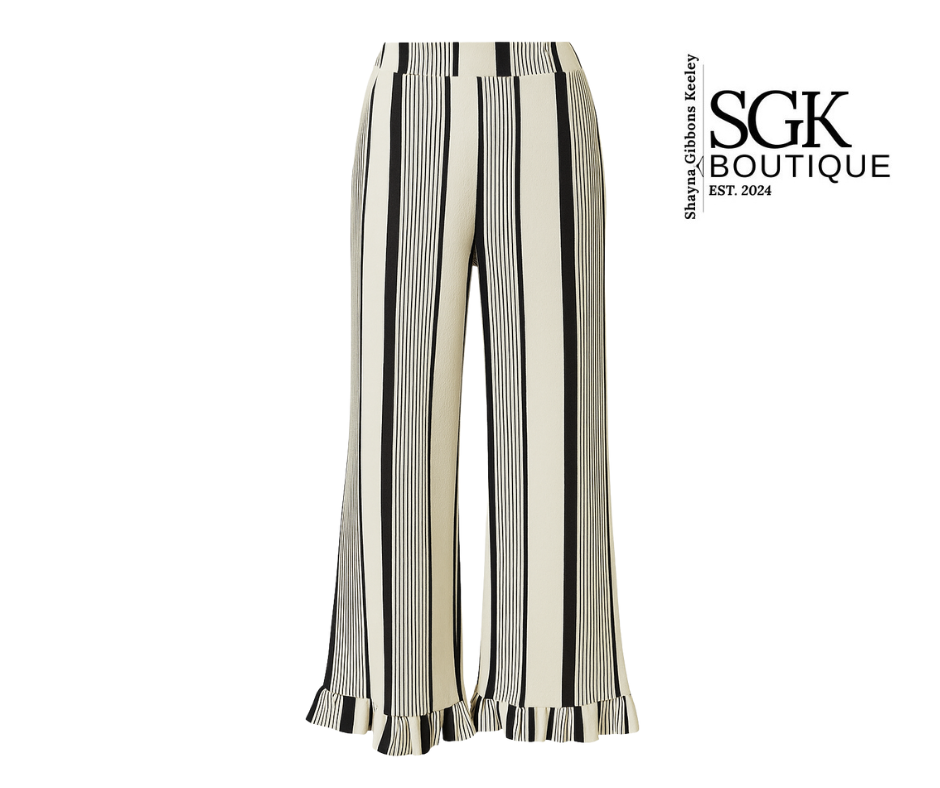 Striped pants with ruffled hem on a white background, featuring the SGK Boutique logo.