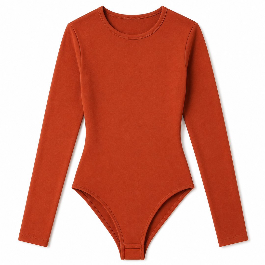 A long-sleeve bodysuit in a solid rust-orange color, displayed flat against a clean white background.