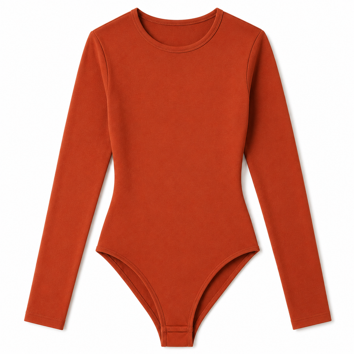A long-sleeve bodysuit in a solid rust-orange color, displayed flat against a clean white background.