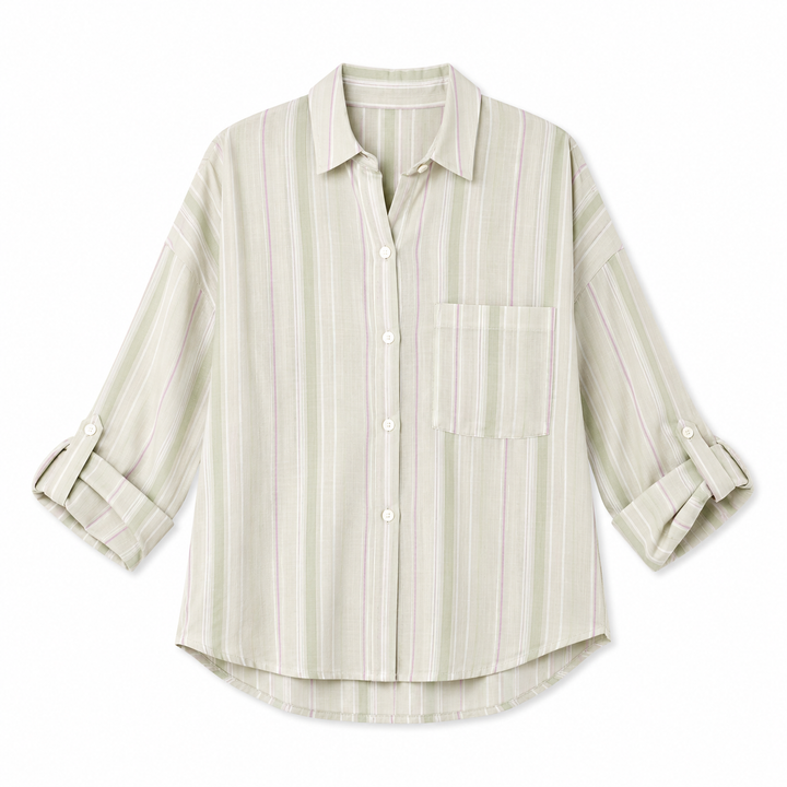 A long-sleeve button-up shirt with vertical stripes in light sage green and cream, featuring a collar, button front, and a chest pocket, shown on a plain white background.