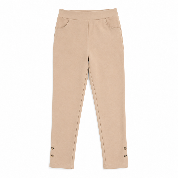Beige pants with button details on a white background