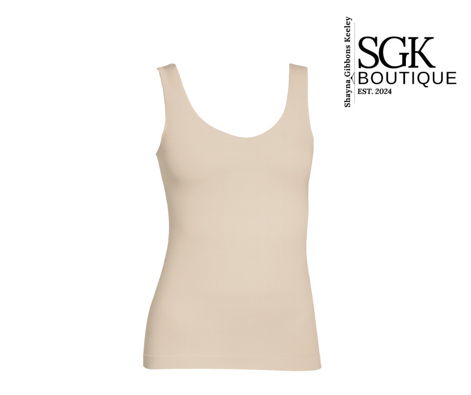 Beige tank top on a white background with SGK Boutique branding.