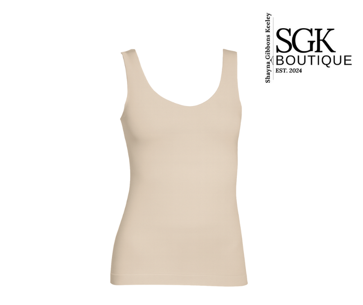 Beige tank top on a white background with SGK Boutique branding.