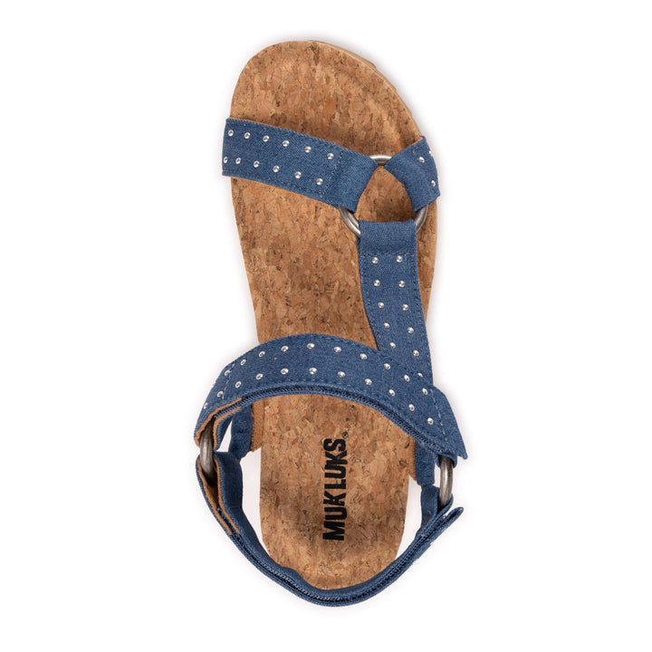 Blue sandal with cork sole on a white background