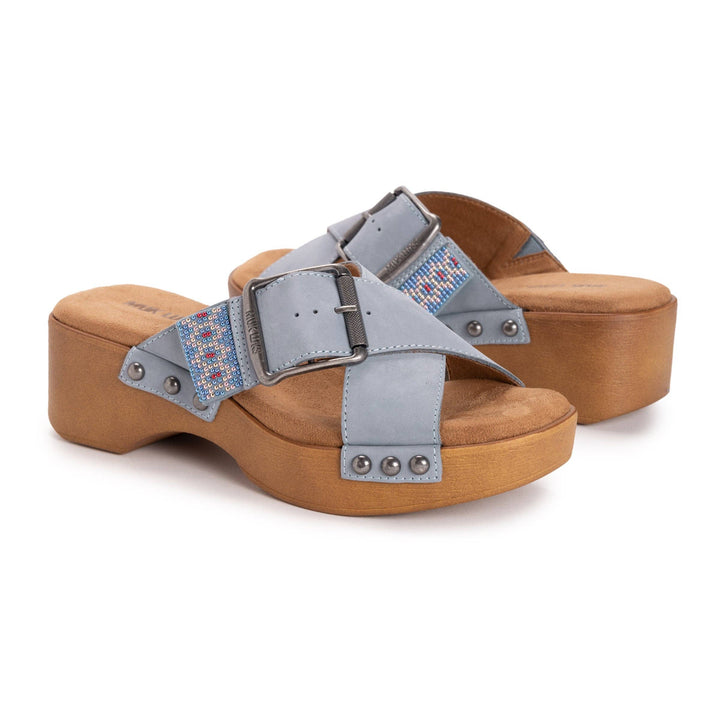 Wooden clog sandal with gray straps and a buckle on a white background