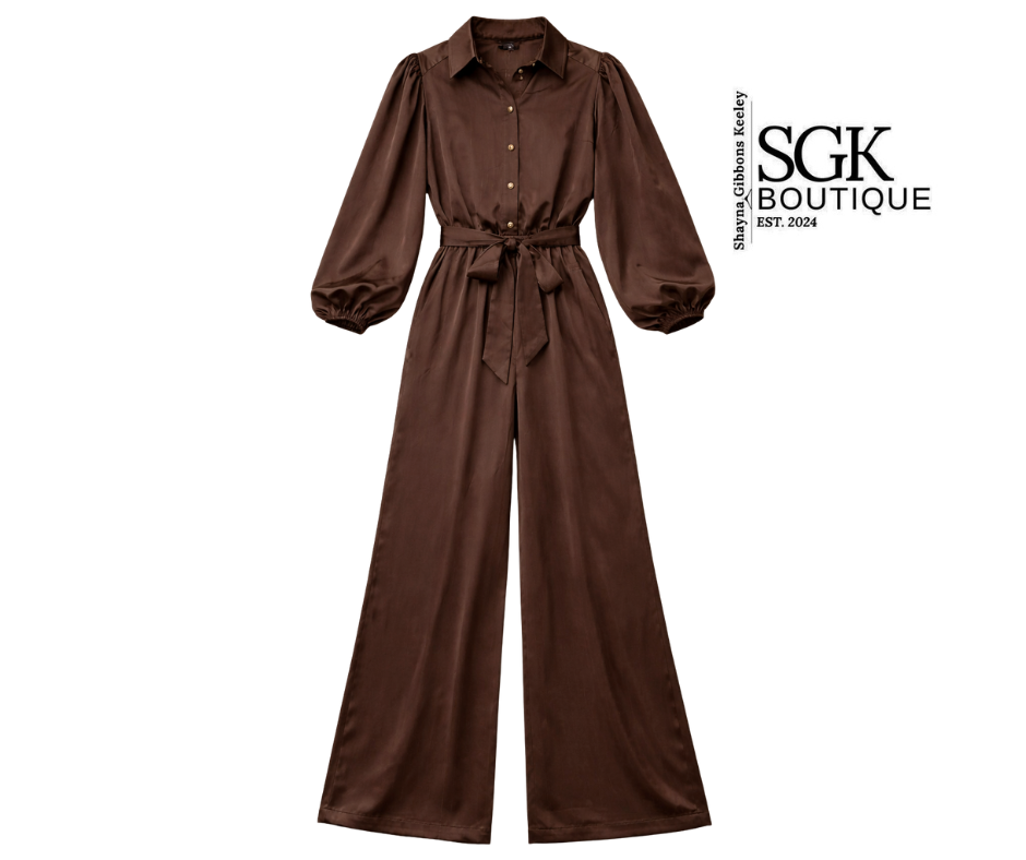 Brown jumpsuit with puffed sleeves on a white background, featuring the SGK Boutique logo.