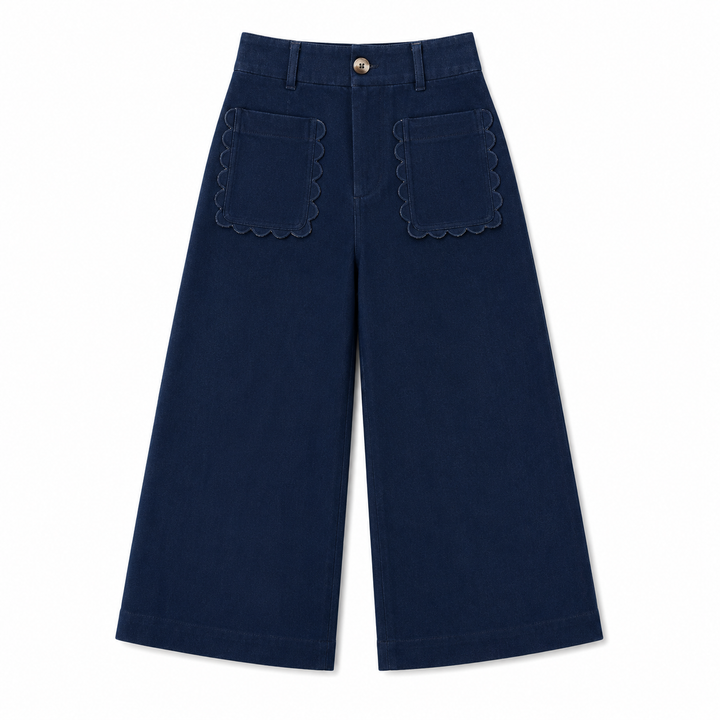 Navy blue wide-leg pants with scalloped pocket details on a white background