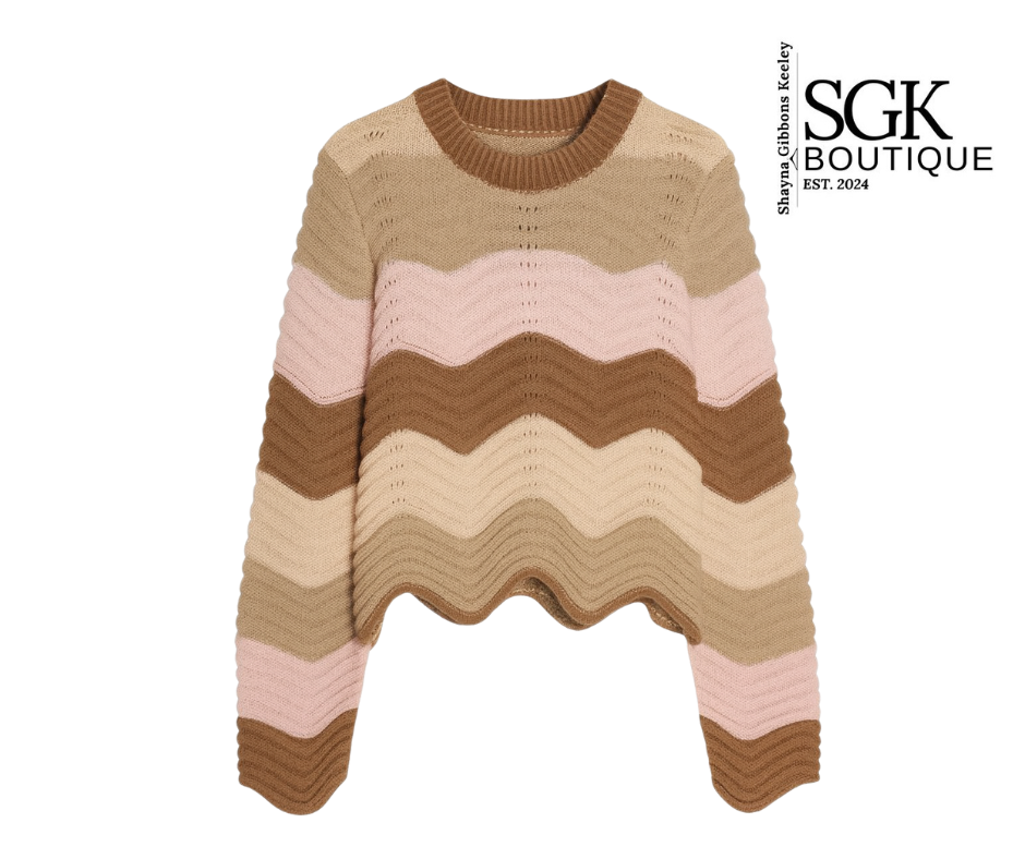 Striped sweater with wavy pattern on a white background, featuring SGK Boutique logo.