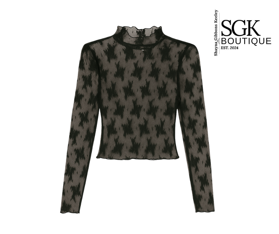 Black and gray patterned long-sleeve top on a white background with SGK Boutique logo.