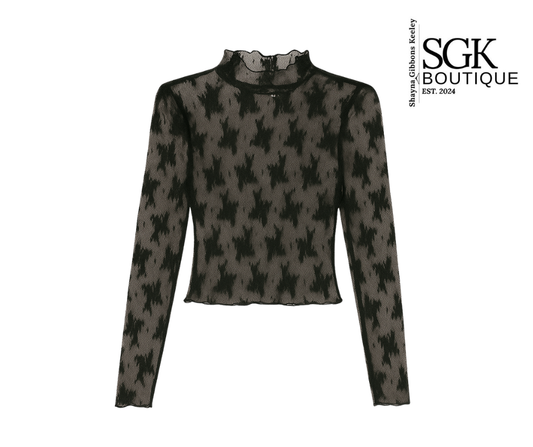 Black and gray patterned long-sleeve top on a white background with SGK Boutique logo.