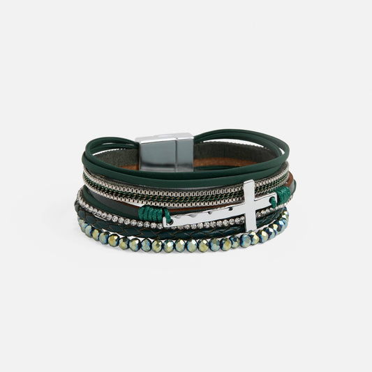 Multistrand bracelet with green leather and metal components on a white background