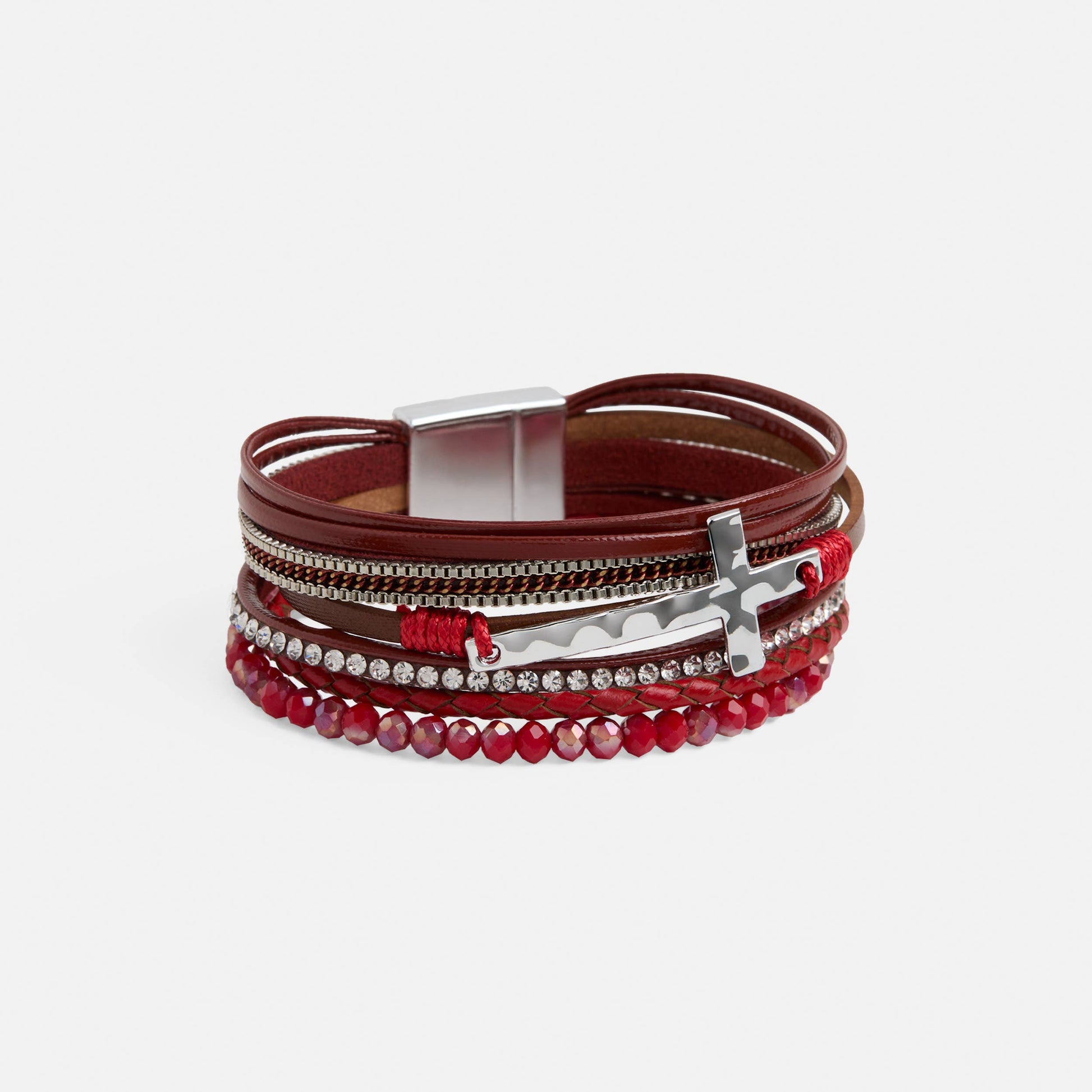 Multistrand bracelet with brown leather, red beads, and silver accents on a white background