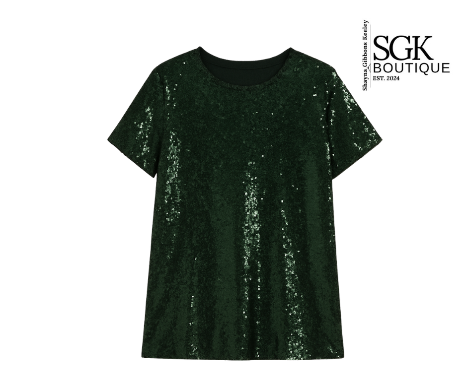 Green sequin t-shirt on a white background with SGK Boutique logo.