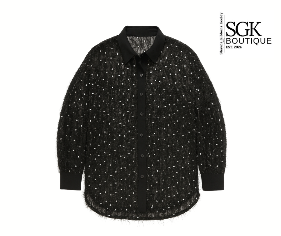 Black sequin shirt on a white background with SGK Boutique logo.