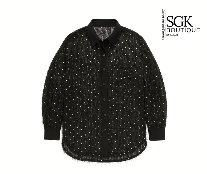 Black sequin shirt on a white background with SGK Boutique logo.