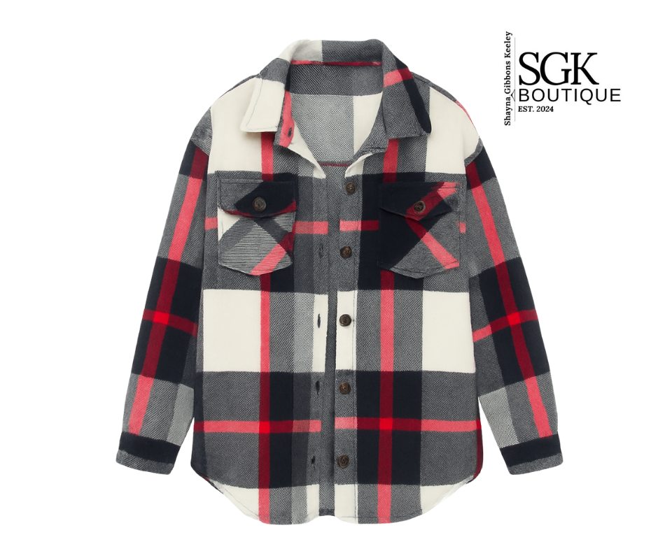 Plaid shirt with pink, gray, and white pattern on a white background, featuring SGK Boutique logo.