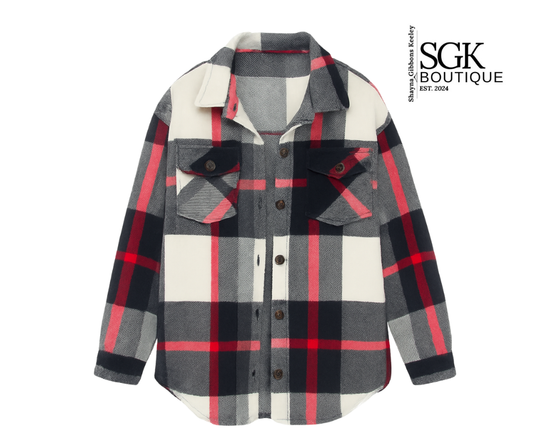 Plaid shirt with pink, gray, and white pattern on a white background, featuring SGK Boutique logo.