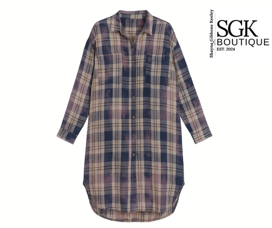 Plaid shirt dress on a white background with SGK Boutique logo.