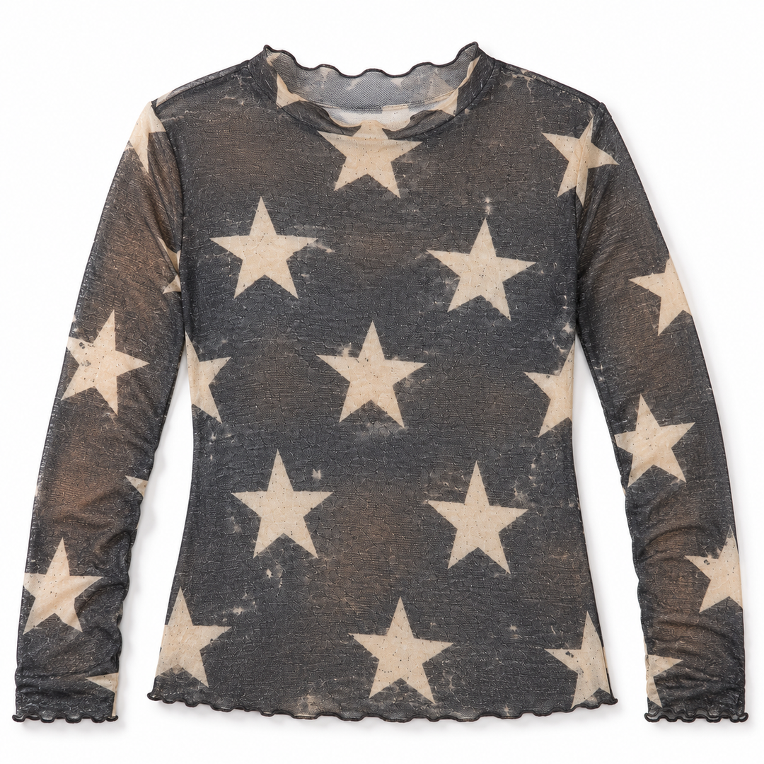 A long-sleeve sheer mesh top with a distressed, faded finish, featuring a pattern of large cream-colored stars on a dark brown background. The top has a scalloped neckline and scalloped edges at the cuffs and hem.