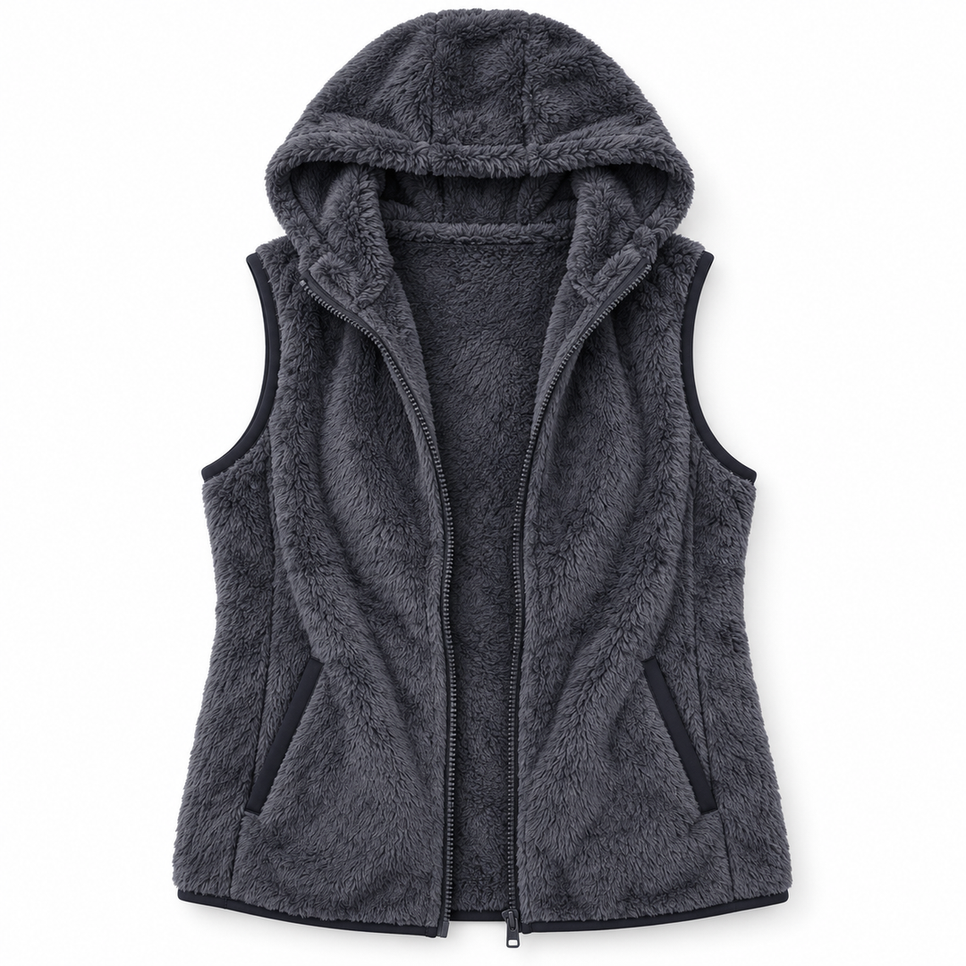 A dark gray fleece hooded vest with a front zipper, shown flat against a plain white background.