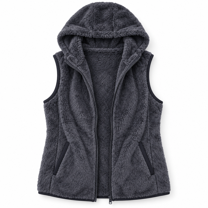 A dark gray fleece hooded vest with a front zipper, shown flat against a plain white background.