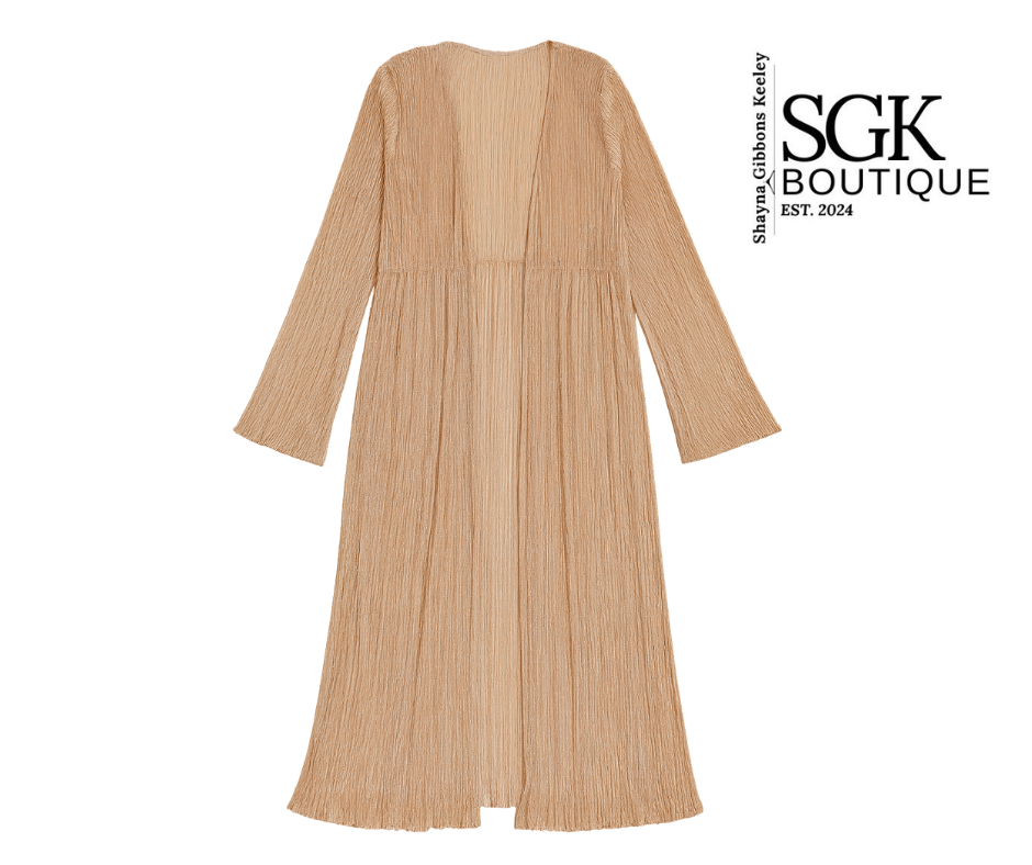 Rose gold pleated cardigan on a white background with SGK Boutique branding.