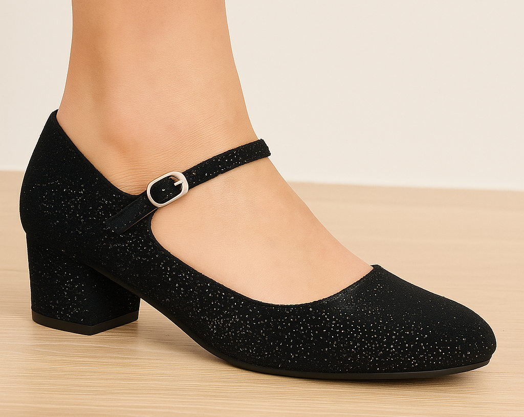 Black glittery shoe with a block heel on a beige background