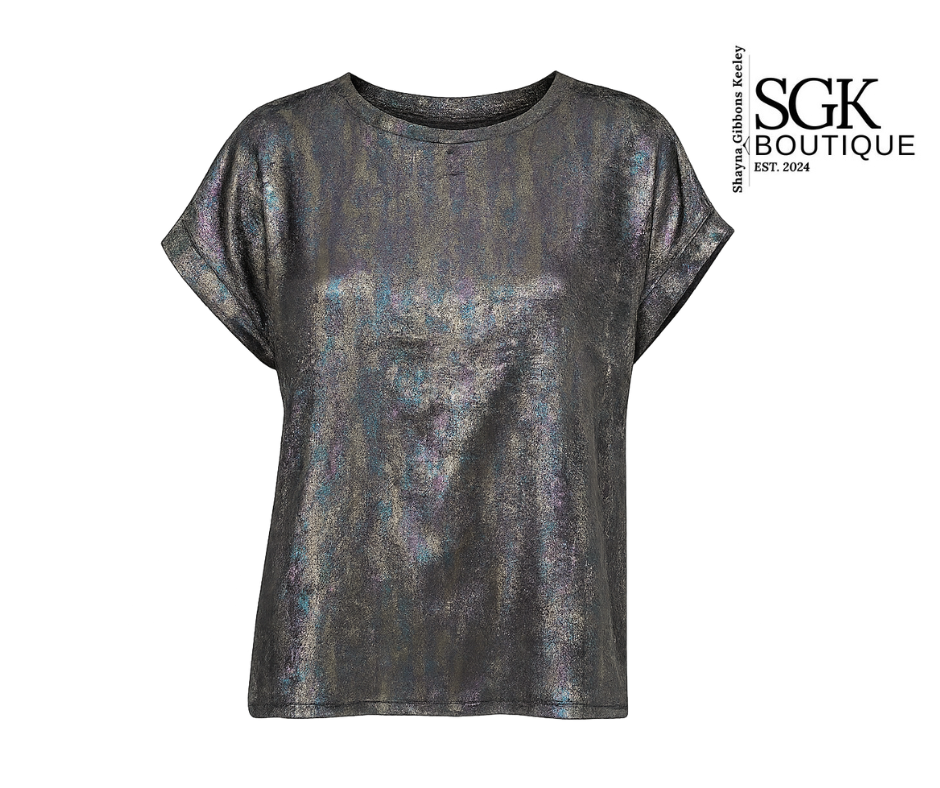 Metallic silver t-shirt on a white background with SGK Boutique logo.