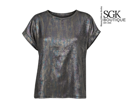 Metallic silver t-shirt on a white background with SGK Boutique logo.