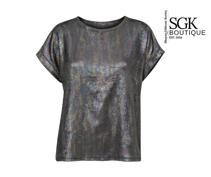 Metallic silver t-shirt on a white background with SGK Boutique logo.