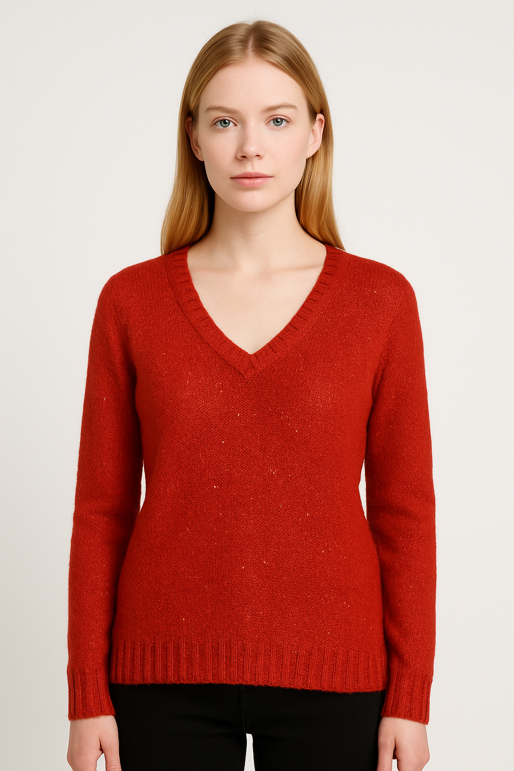 Woman wearing a red sweater on a white background