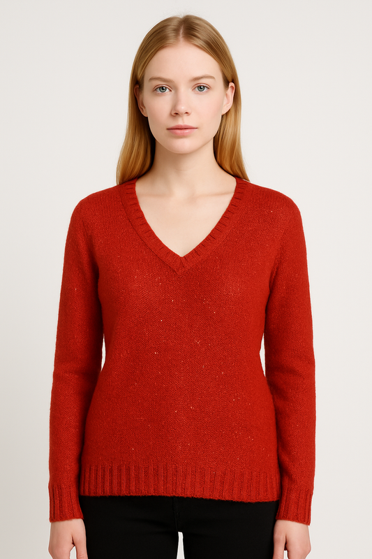 Woman wearing a red sweater on a white background