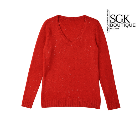 Red sweater on a white background with SGK Boutique logo.