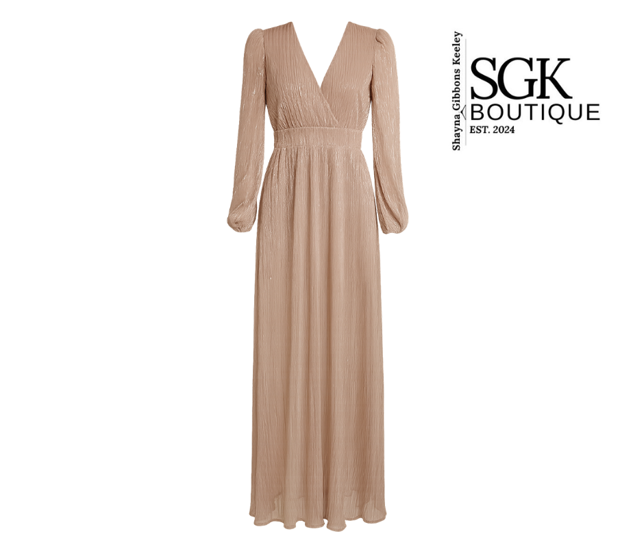 Beige long-sleeve dress on a white background with SGK Boutique branding.