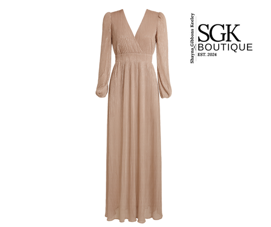 Beige long-sleeve dress on a white background with SGK Boutique branding.