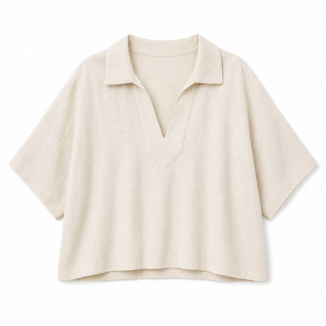 Beige short-sleeve blouse on a white background
