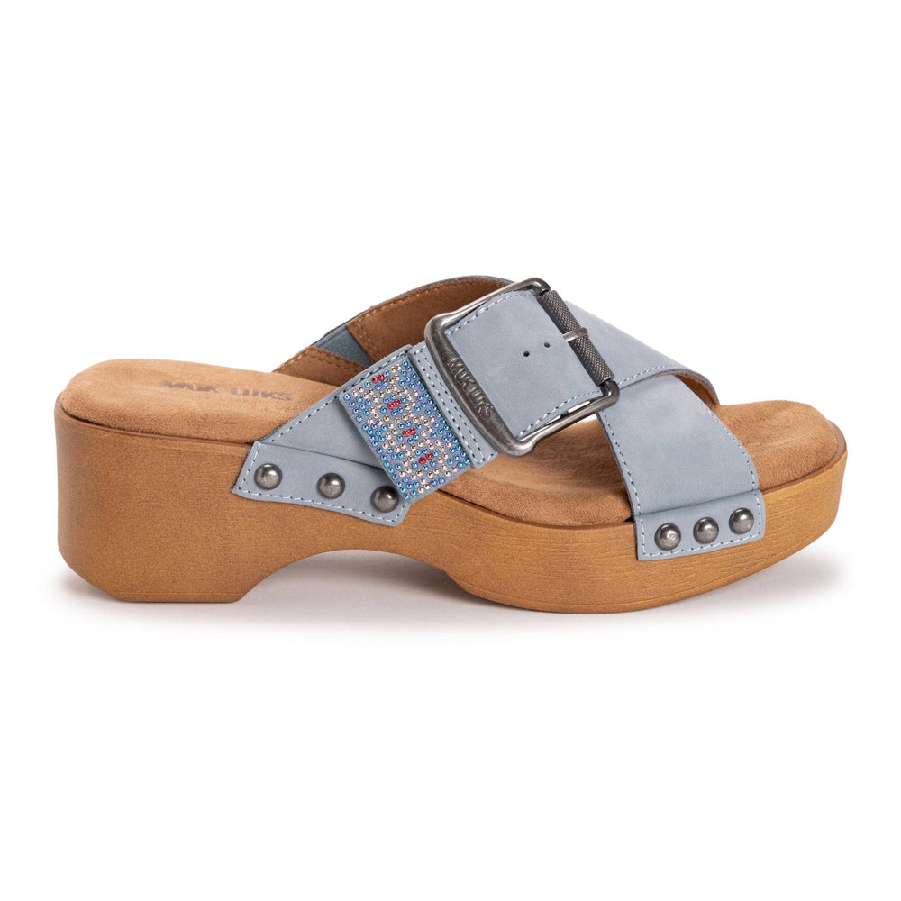 Wooden clog sandal with a blue strap and buckle on a white background