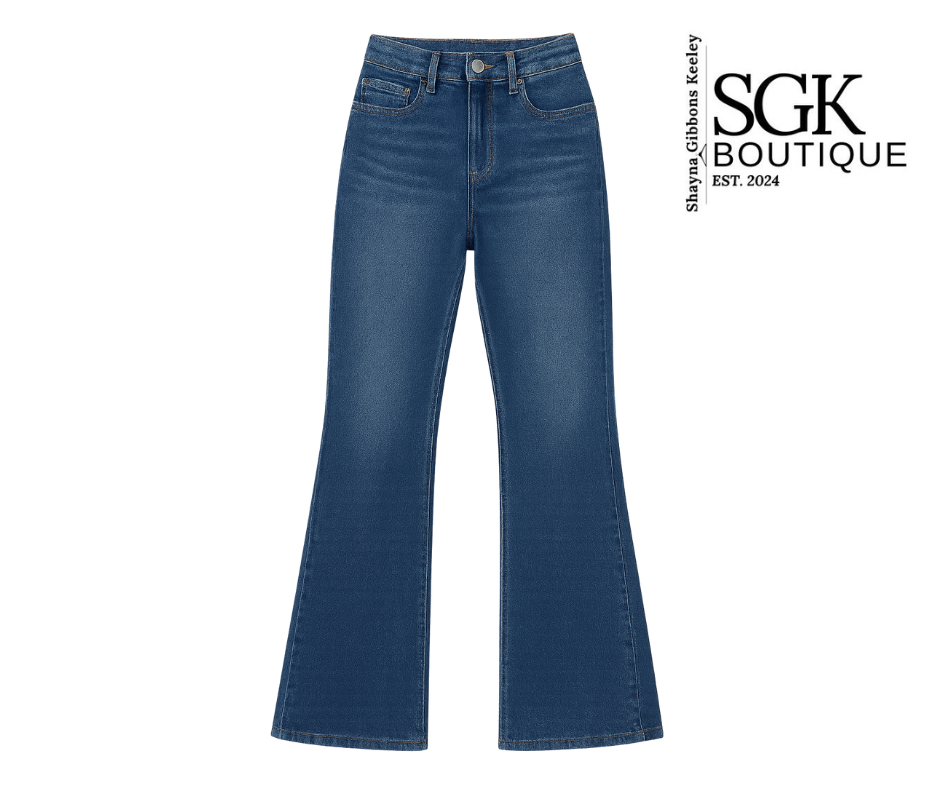 Blue jeans on a white background with SGK Boutique logo.