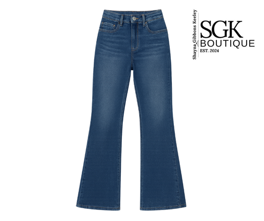 Blue jeans on a white background with SGK Boutique logo.