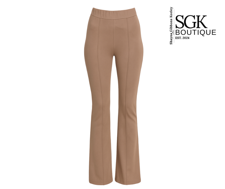 Tan pants on a white background with SGK Boutique logo.