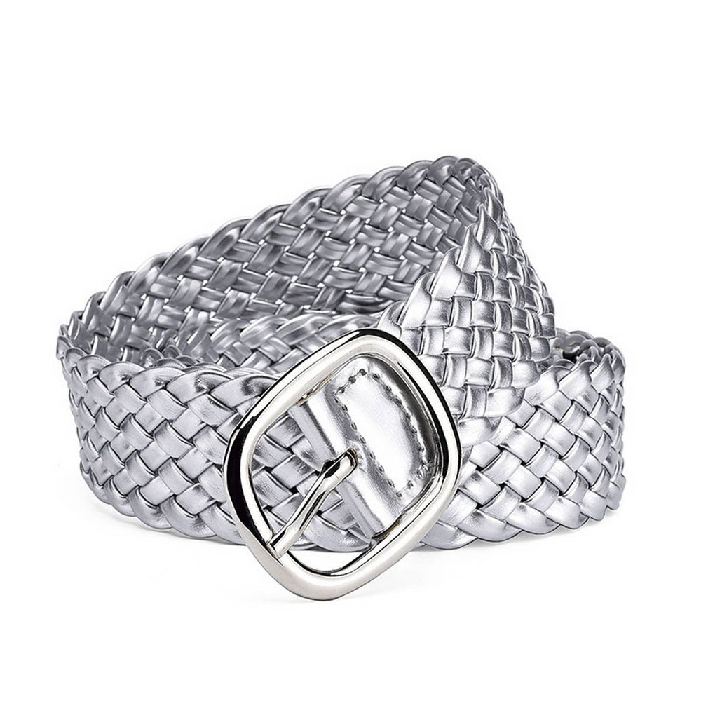 Silver woven belt with a buckle on a white background