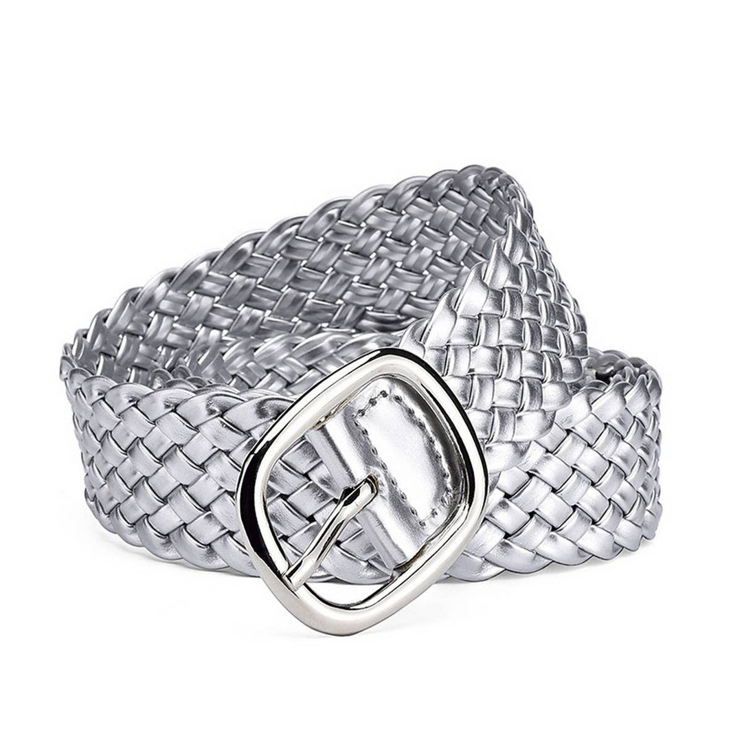 Silver woven belt with a buckle on a white background