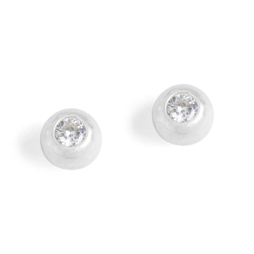 Pair of silver earrings with clear gemstones on a white background