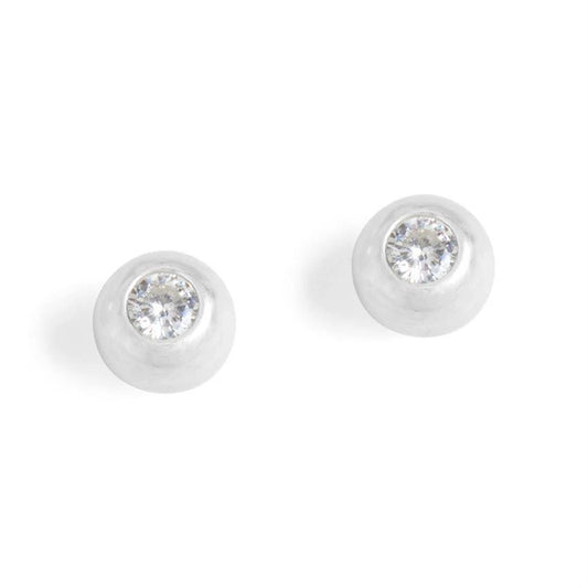 Pair of silver earrings with clear gemstones on a white background