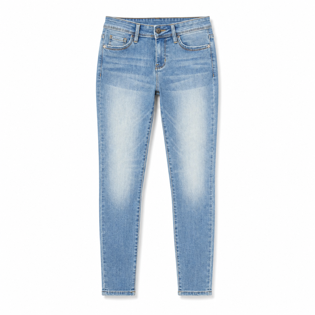 Light blue skinny jeans with a faded wash on the front, shown flat against a white background.