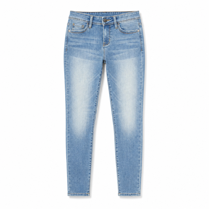 Light blue skinny jeans with a faded wash on the front, shown flat against a white background.