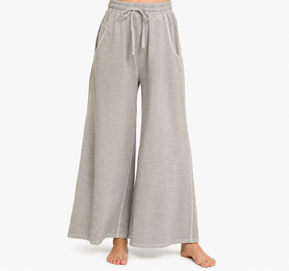 Gray wide-leg pants with a drawstring waist on a white background