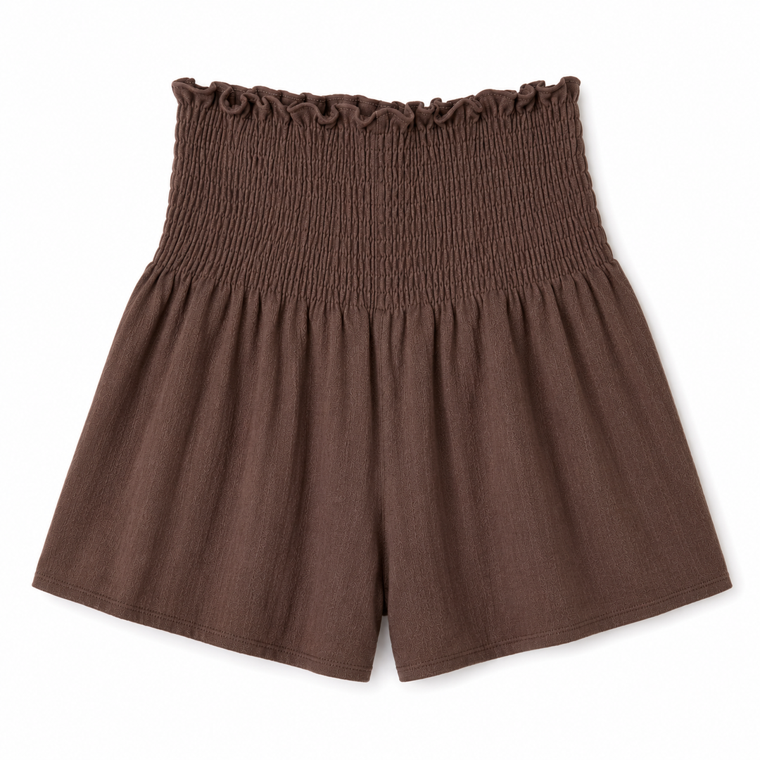 Brown shorts with ruffled waistband on a white background